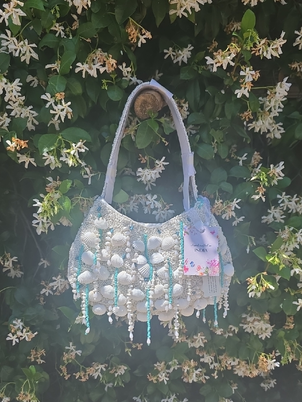 Beaded Seashell Shoulder Bag in White and Turquoise